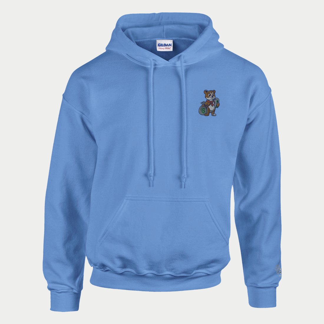 Carolina Blue pullover hoodie laid flat, with the In My Bag bear embroidered on the left chest